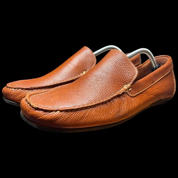 14th & UNION Men 13M Cognac Pebble Leather Driving Loafer Moccasins Preppy Shoe - Picture 2 of 11